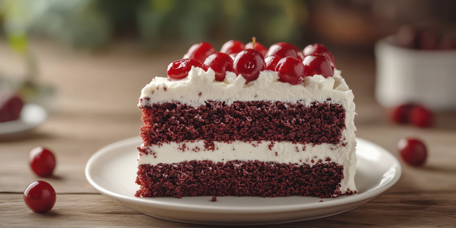 Delicious red velvet cake with cream frosting and cherries served on a white plate at a cozy cafe setting